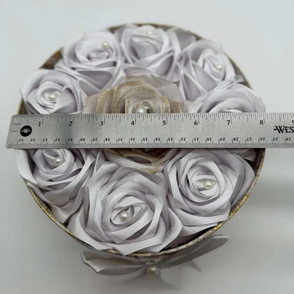 Handmade Satin Ribbon Rose Bouquet in Gold Damask Round Gift Box White Gold 8in